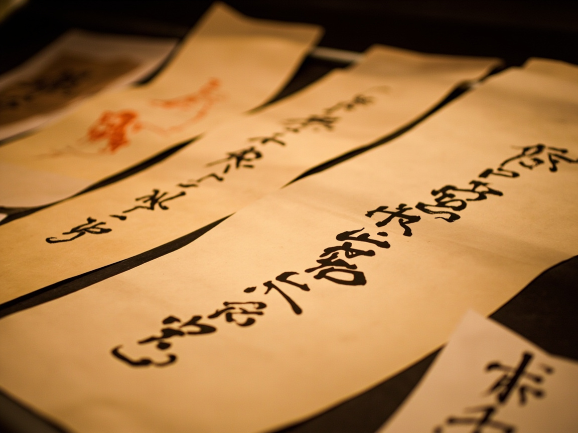 Collection of Chinese calligraphy styles showing different script types - seal script, clerical script, regular script, and running script on traditional paper scrolls