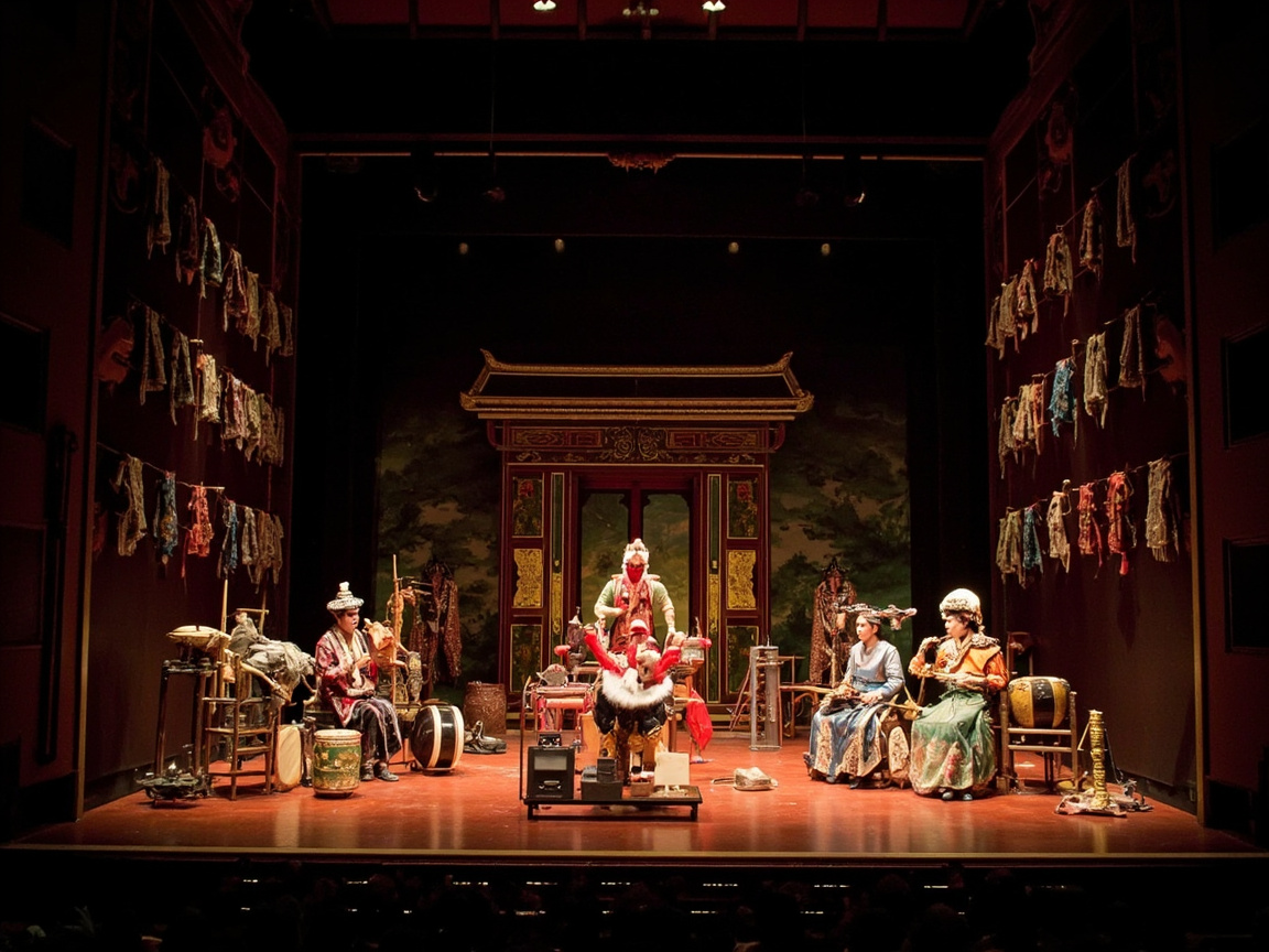 Traditional Chinese opera stage with colorful costumes and theatrical props
