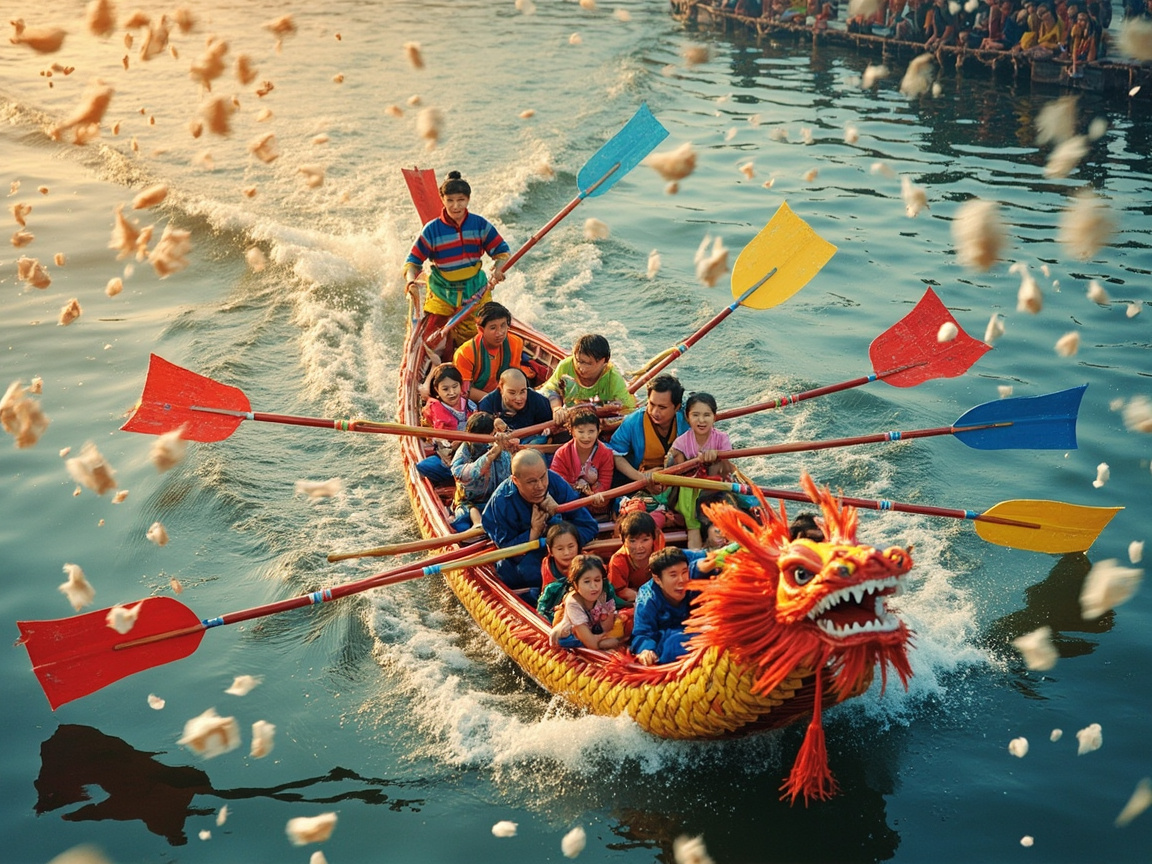 Dragon Boat Festival celebration - traditional dragon boats racing on river with colorful paddles