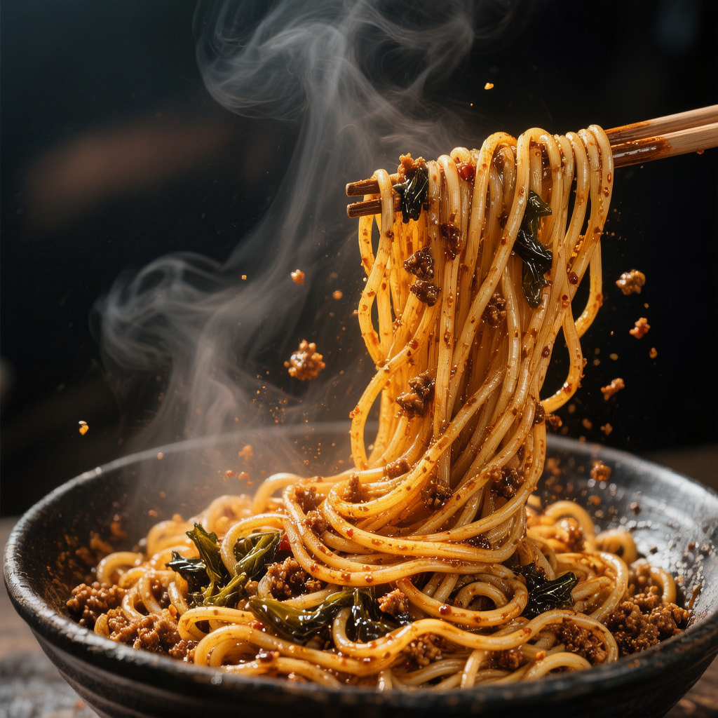 Dan Dan Noodles close-up being tossed with chopsticks