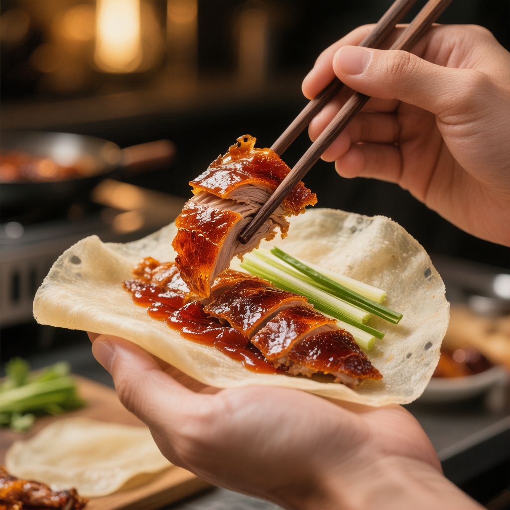 Close-up of Peking Duck slices being wrapped in Mandarin pancake