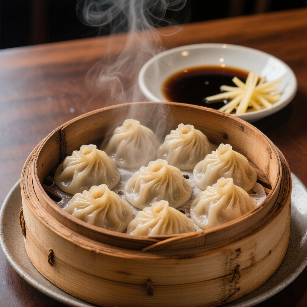 Xiaolongbao soup dumplings in bamboo steamer