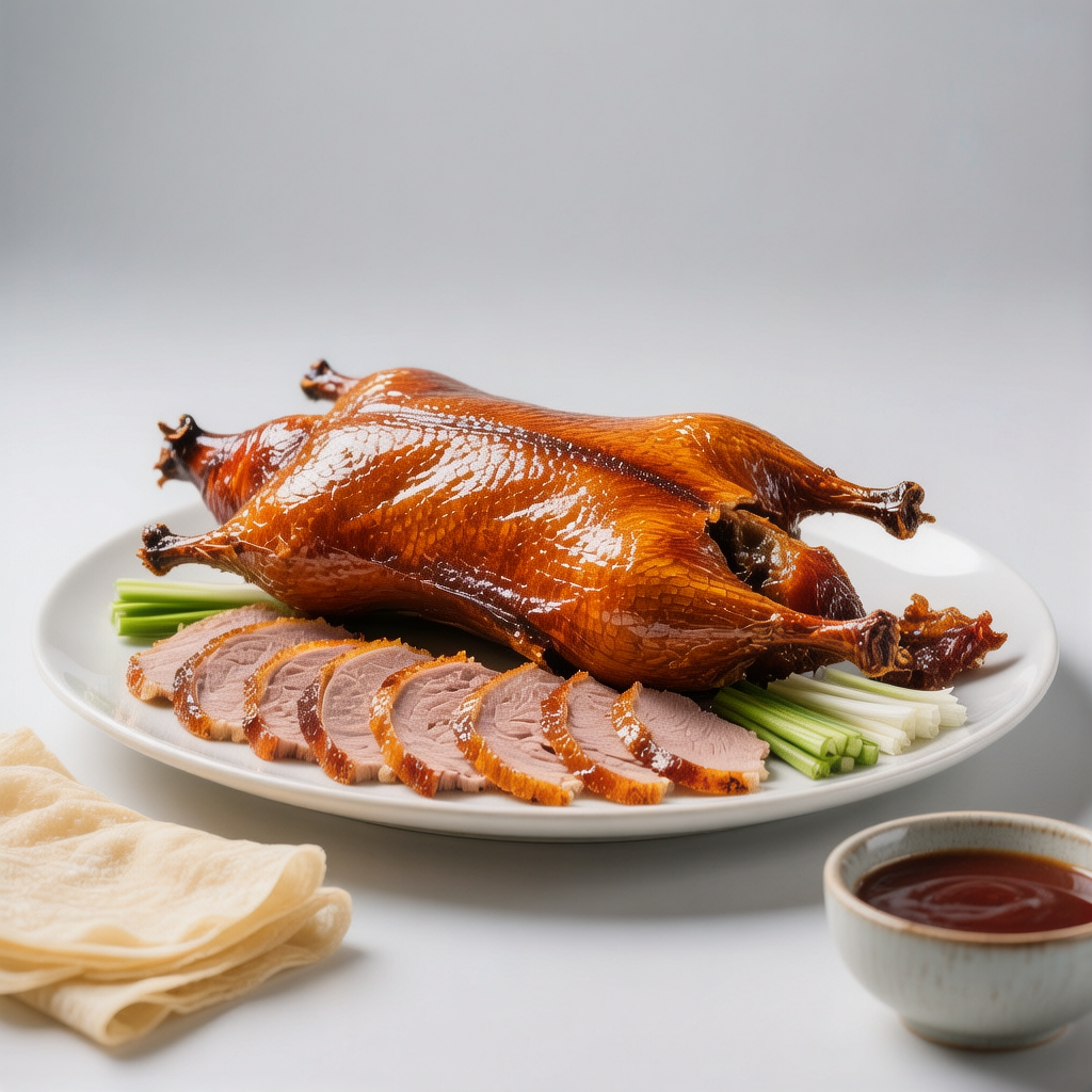 Whole Peking Duck with crispy golden skin served with pancakes and hoisin sauce