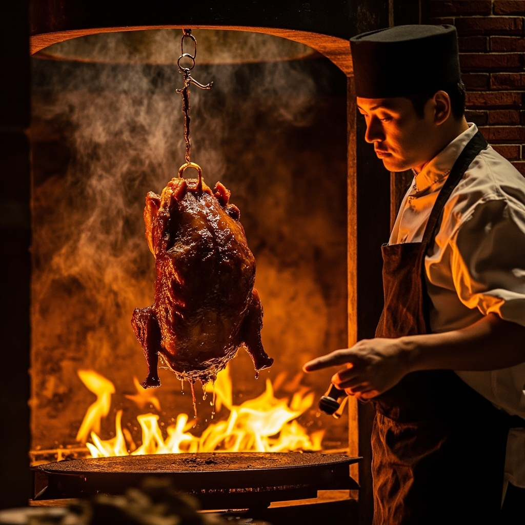 Chinese BBQ chef roasting Peking duck in a traditional hanging oven, flames visi