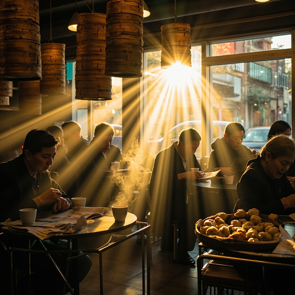 Busy dim sum restaurant in morning rush hour, bamboo steam baskets stacked high,