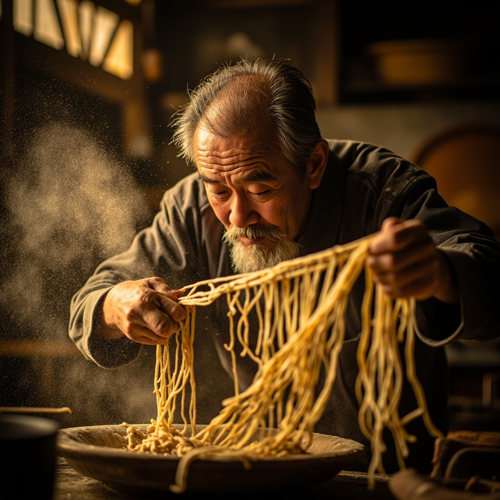 Chinese noodle master stretching hand-pulled noodles (拉面) in a traditional kitch