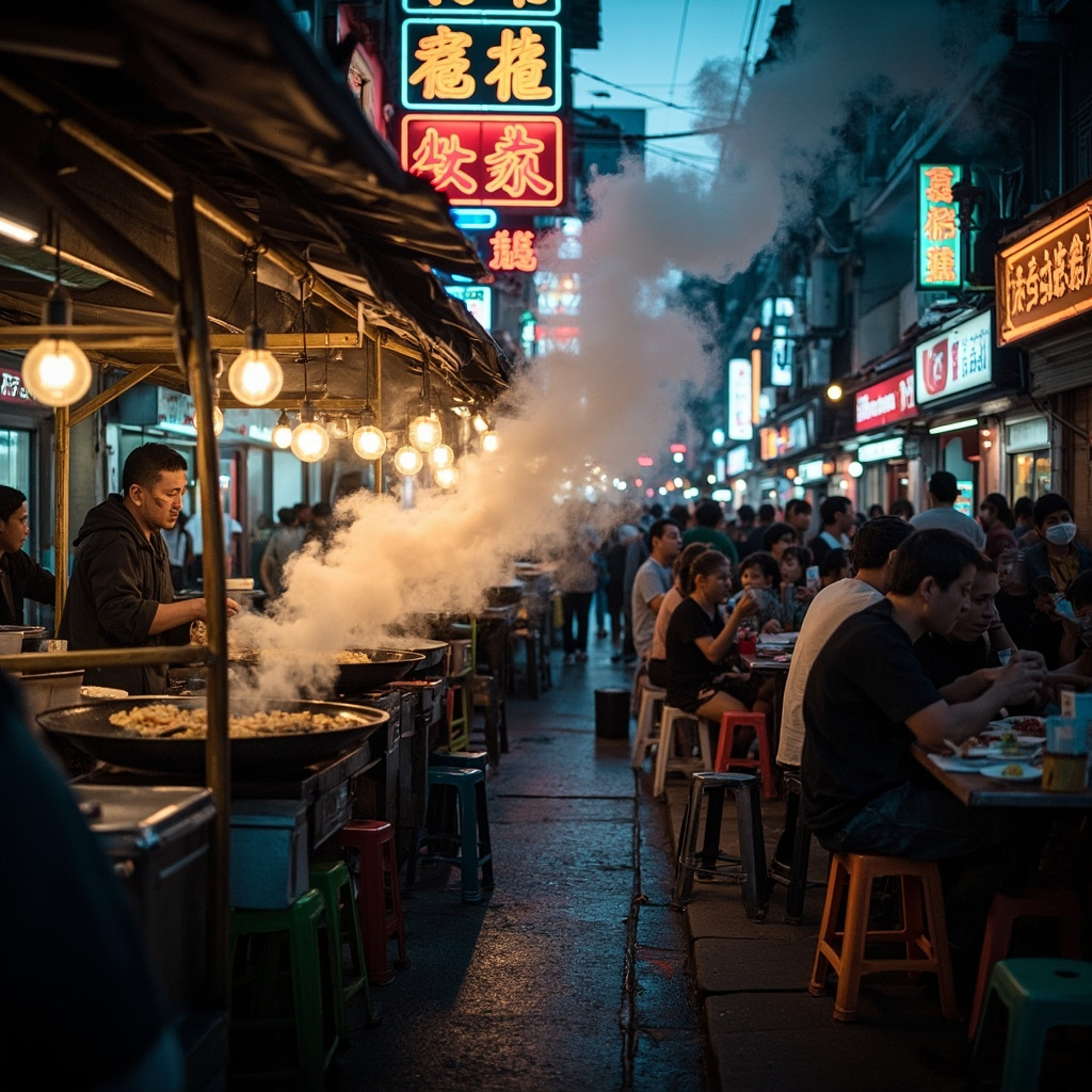 Busy Chinese night market street food scene at dusk, vendors cooking at stalls w