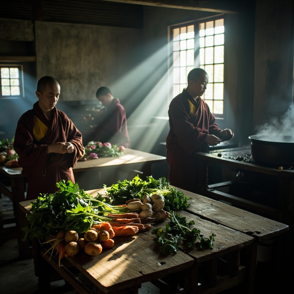 Peaceful Buddhist temple kitchen with monks preparing vegetarian meals, fresh ve