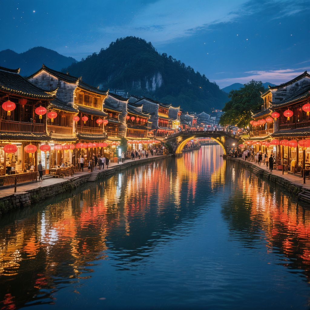 Fenghuang Ancient Town night lights along the river