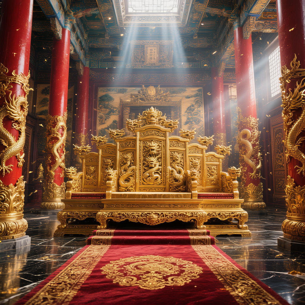 Interior of the Forbidden City throne room with golden throne and red pillars