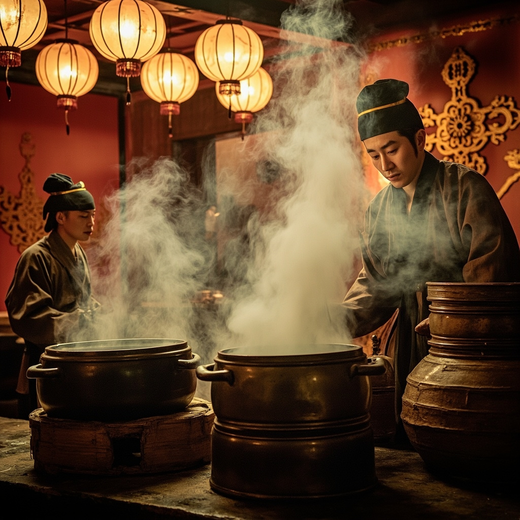 Inside a recreated Qing Dynasty imperial kitchen, antique bronze pots and steami