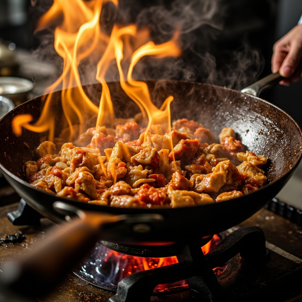Stir frying Kung Pao Chicken in wok