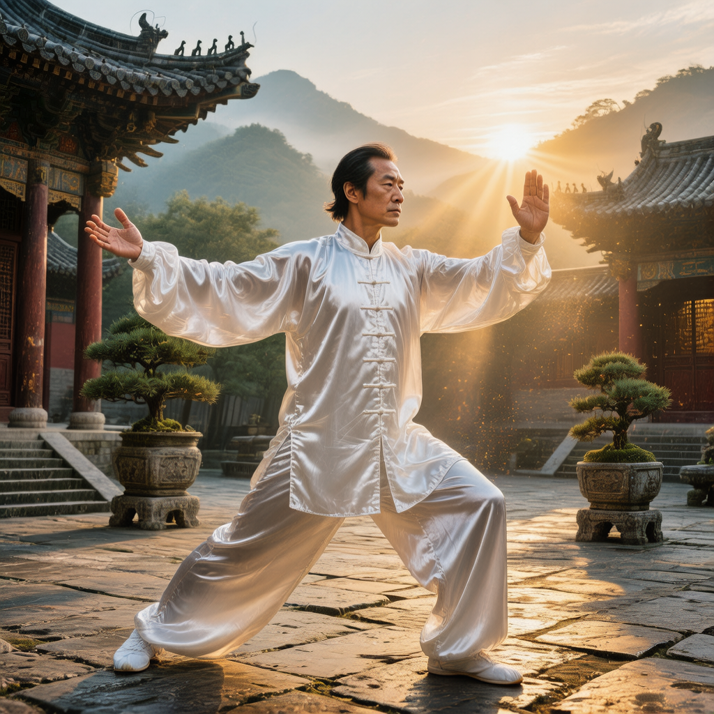 Tai Chi master performing in temple courtyard at sunrise
