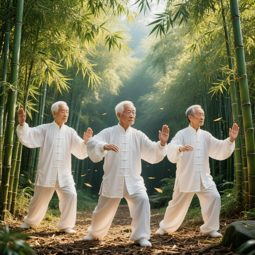 Group practicing Tai Chi in bamboo forest with morning sunlight