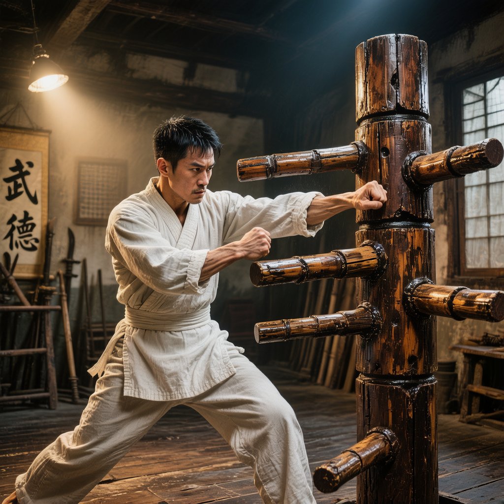 Wing Chun practitioner training on wooden dummy