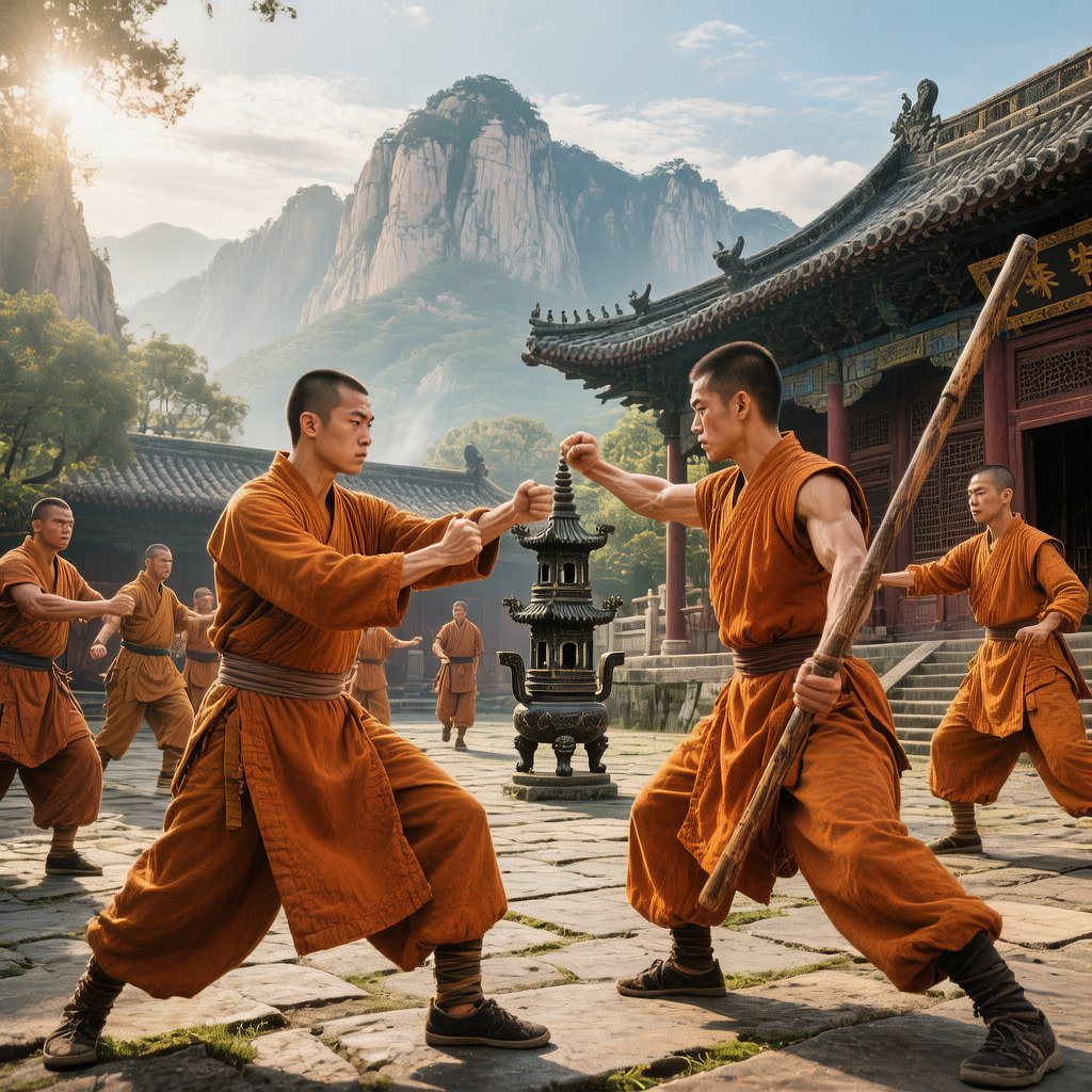 Shaolin monks practicing Kung Fu in ancient temple courtyard
