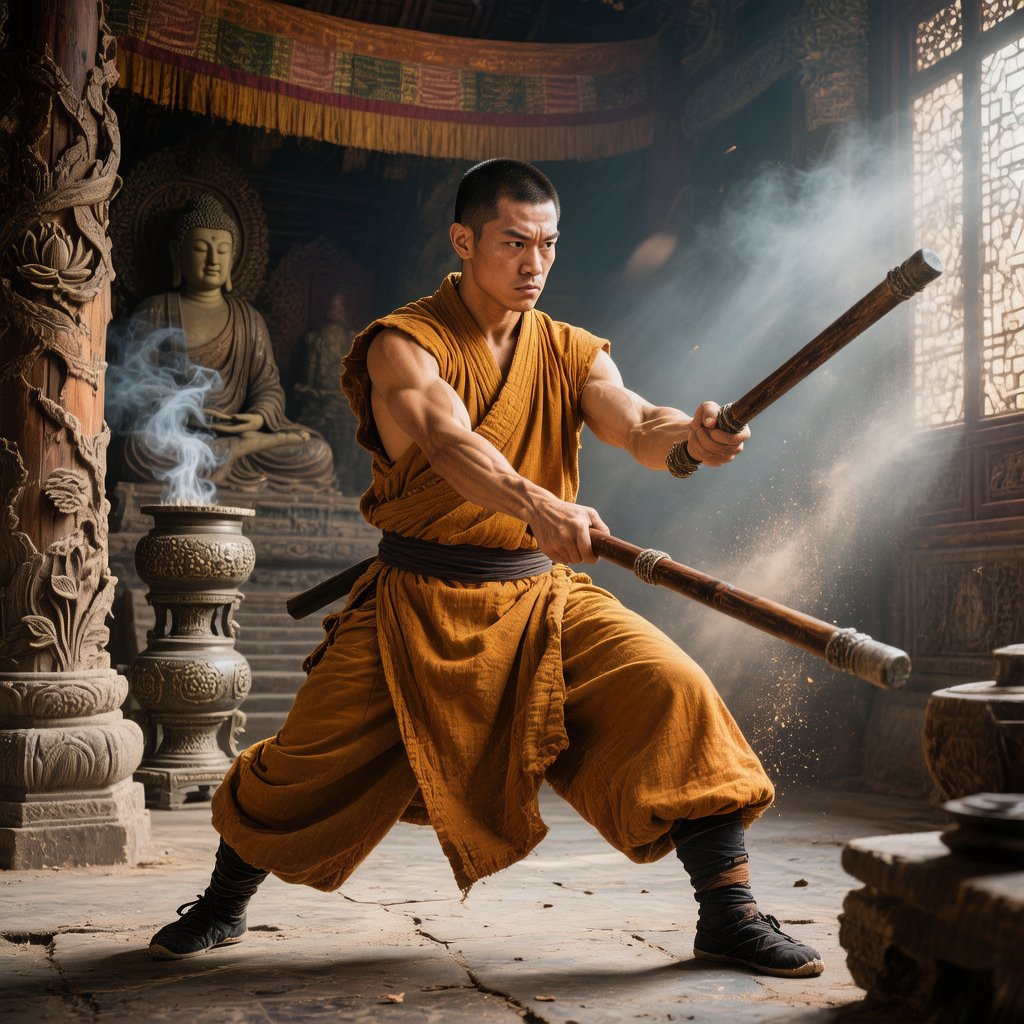 Shaolin monk demonstrating traditional weapon form
