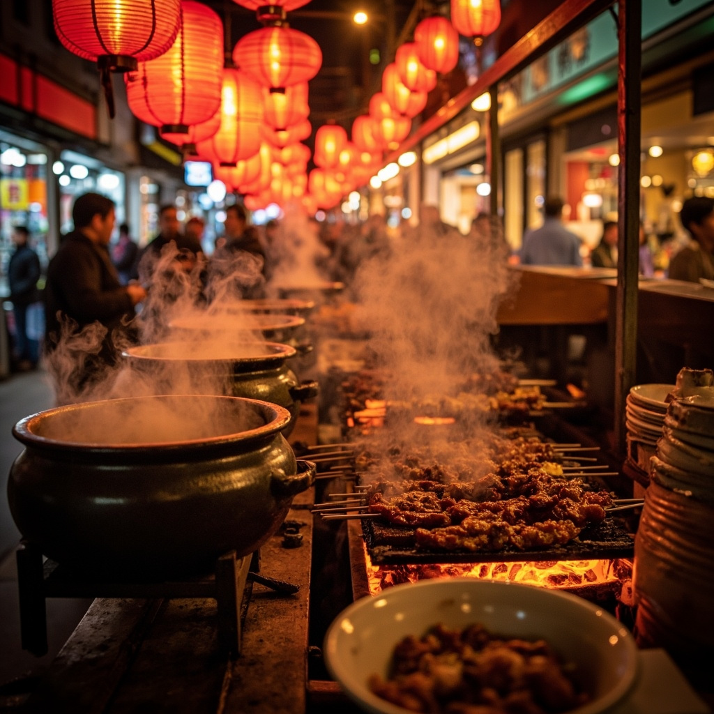 Sichuan street food night market in Chengdu, glowing red lanterns hanging above 