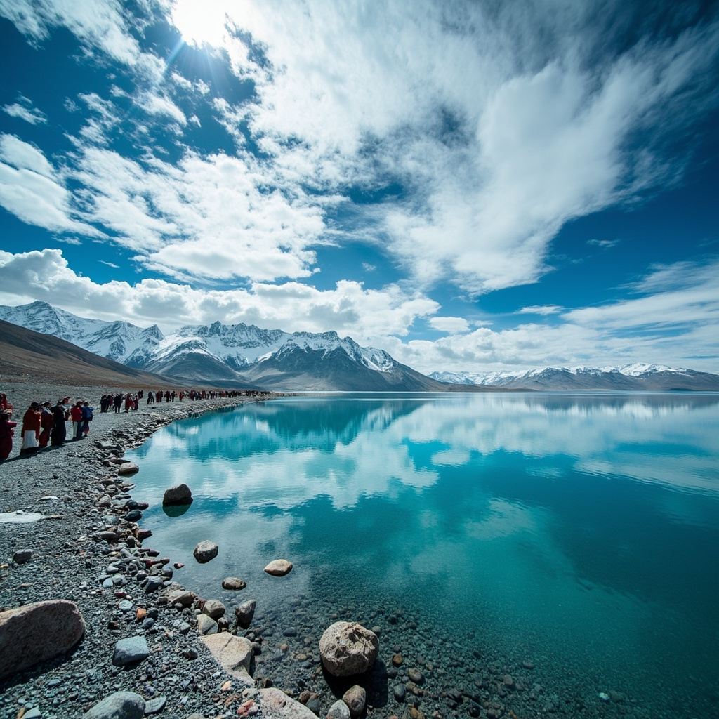 Sacred Lake Namtso on the Tibetan Plateau, crystal clear turquoise water, snow-c