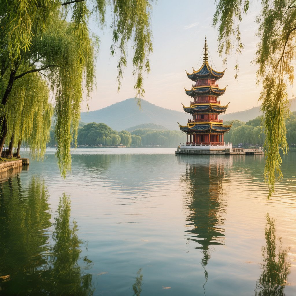 West Lake Hangzhou serene lake with pagoda and willow trees