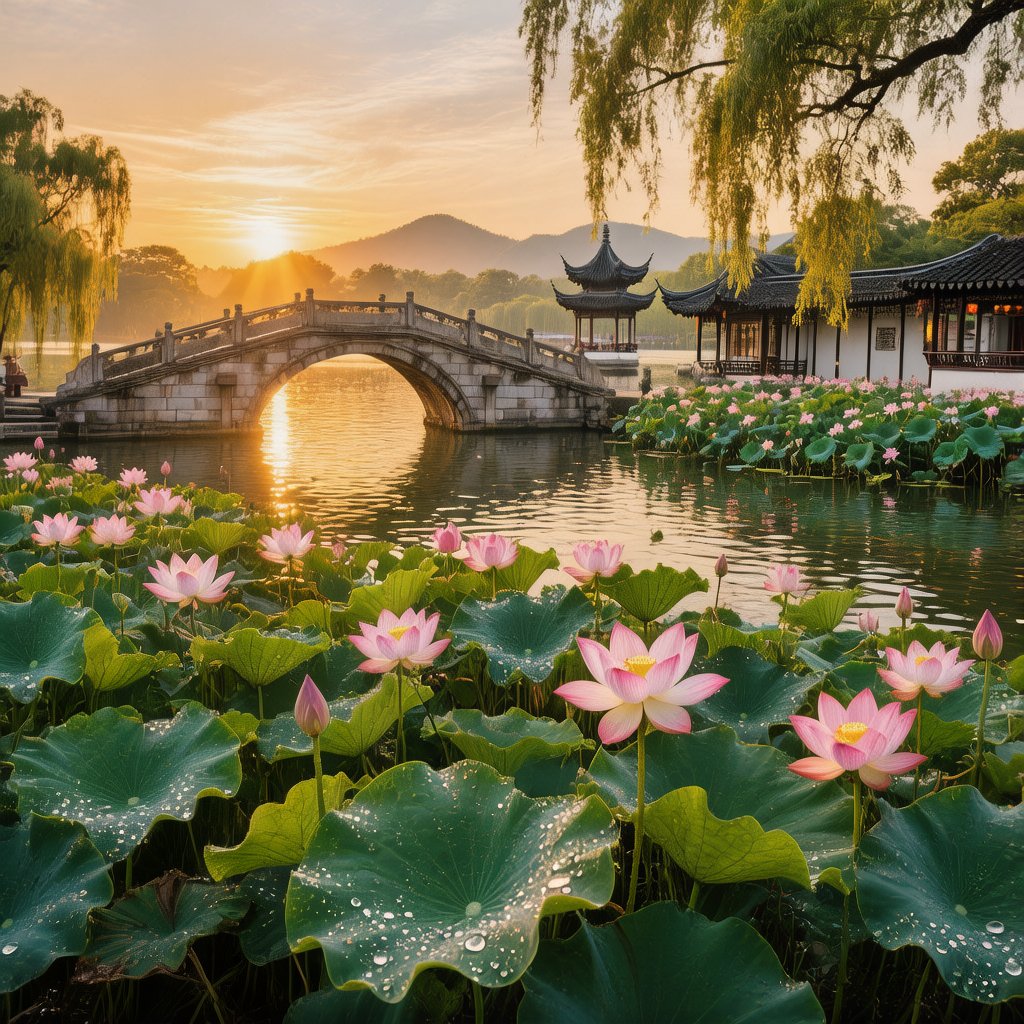 Hangzhou West Lake lotus flowers and bridge traditional garden