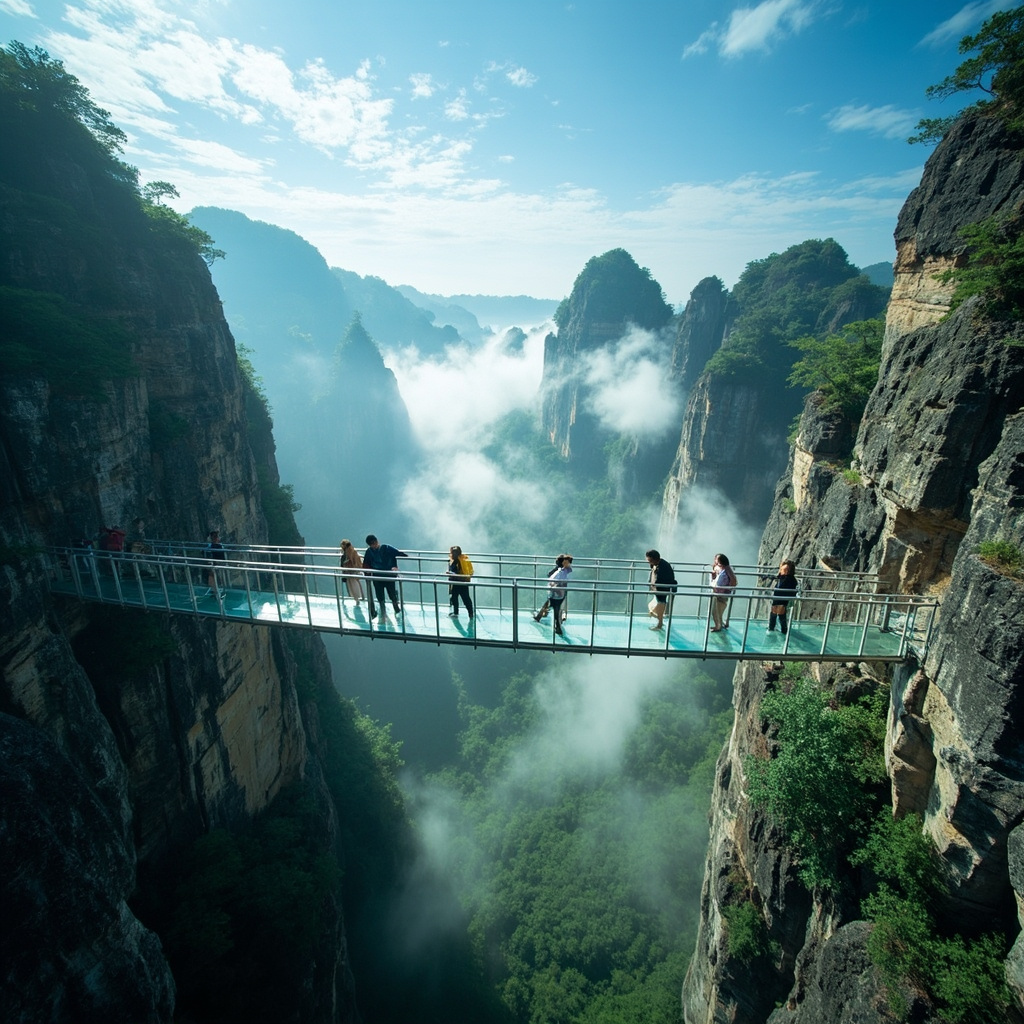 Zhangjiajie's glass bridge suspended between two mountain cliffs, tourists walki